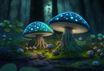 Fototapeta na wymiar A Mystical Woodland of Glowing Fungi: An AI-Generated 3D Render of a Vibrant, Starry Night