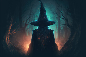 dark witch in a magical forest, created with generative ai technology