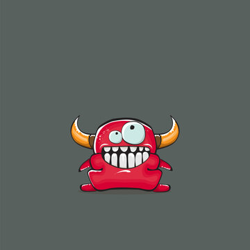 Vector cartoon funny red monster with horn isolated on grey background. Smiling silly red monster print sticker design template. Ghost, troll, gremlin, goblin, devil and monster