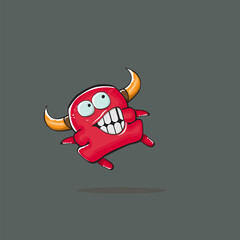 Vector cartoon funny red monster with horn isolated on grey background. Smiling silly red monster print sticker design template. Ghost, troll, gremlin, goblin, devil and monster