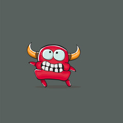 Vector cartoon funny red monster with horn isolated on grey background. Smiling silly red monster print sticker design template. Ghost, troll, gremlin, goblin, devil and monster