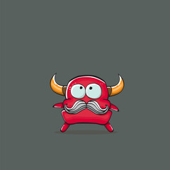 Vector cartoon funny red monster with horn isolated on grey background. Smiling silly red monster print sticker design template. Ghost, troll, gremlin, goblin, devil and monster