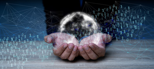 Blockchain technology and blockchain network business banner ideas Global cryptocurrency blockchain title. Blockchain title side view with 0's and 1's flying on top. image of investors