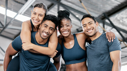 Fitness, happy and portrait of friends in gym for teamwork, support and workout. Motivation,...