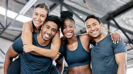 Plakat Fitness, happy and portrait of friends in gym for teamwork, support and workout. Motivation, coaching and health with group of people training in sports center for cardio, exercise and wellness