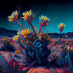 Fototapeta na wymiar Summer sunrise field of wild yellow and blue flowers against the backdrop of blue skies and mountains, ai illustration