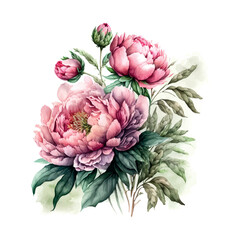 Vector stock flower illustration, Pink peony on a white background. Watercolor style