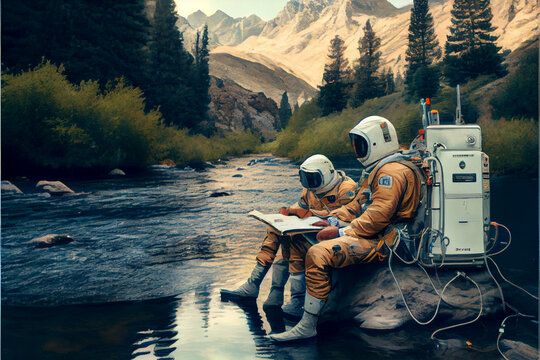 Two Astronauts In Space Suits Sit On The Bank Of A Mountain River And Work On A Computer.