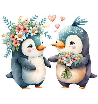 Watercolor clipart with a cute penguin couple isolated on white background. Hand-drawn illustration. Valentine's day. Generative AI