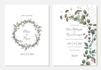 Elegant set of rustic wedding invitation cards with plants, leaves and dried flowers. Vector template