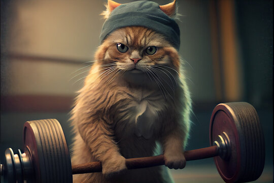 The cat in the gym, lifts the barbell and dumbbells.