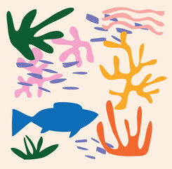  Colorful contemporary abstract tropical floral collage with various of plants and organic shapes Vector design.eps, sea elements organic shapes tropical Abstract creative universal artistic templates