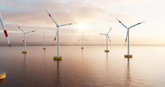 Modern wind turbines generating clean electric energy in the ocean. Technology and energy related 3d concept animation.