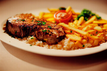 brazilian food knows as 'prato feito' with steak, french fries,rice,beans and salad. generative AI