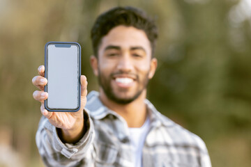 Phone, portrait and man show mockup mobile for nature adventure, forest hiking or outdoor woods...
