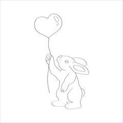 Bunny with heart balloon on transparent background. Vector outline art illustration.
