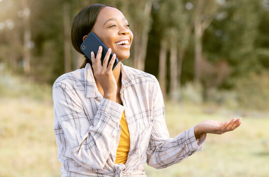 Black Woman, Nature Woods And Happy Phone Call With Question, Comic Laugh And Smile On Grass In Summer. Adventure, Crazy Smartphone Conversation Or Funny Talk For Girl In Sunshine, Forest And Outdoor