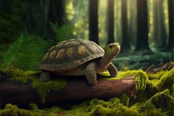  a turtle is sitting on a log in the woods with moss and trees in the background and sunlight shining through the trees and leaves on the ground.  generative ai