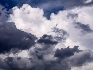 Obraz premium Shifting cloudscape, with dark clouds obscuring bright ones, on a summer afternoon in southwest Florida. Elements beyond our control. For concepts of instability and change, uncertainty, transition.