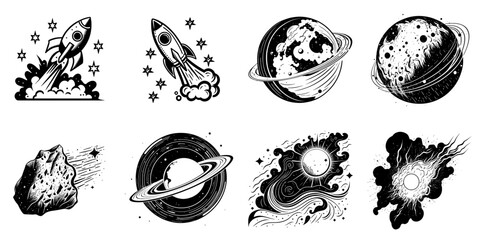 Set of black and white space vectors