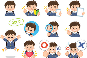小学生の男の子バリエーション　初心者マーク　スマートフォン　タブレット　虫眼鏡　ハート