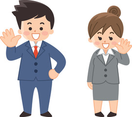 笑顔で手を振るビジネスマンとビジネスウーマン