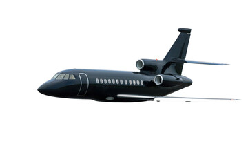 Modern black private jet flying isolated on white background