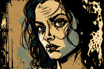 Sad Pretty Woman in Comic-book style, sadness, created with Generative AI Technology