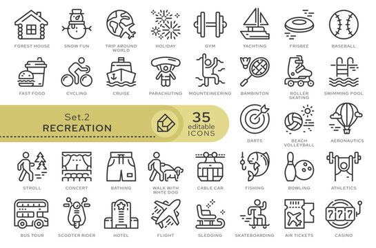 Set of conceptual icons. Vector icons in flat linear style for web sites, applications and other graphic resources. Set from the series - Recreation. Editable outline icon.	
