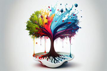Tree and nature splash paint 3d poster modern background. Liquid forms. environment. Generative AI