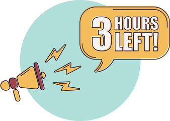 Countdown left 3 hours banner. Count time sale. Icons with color shapes. Comic style.