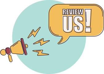 Speech bubble with megaphone, message, text review us. Megaphone announcement with trendy color shapes. Review us.