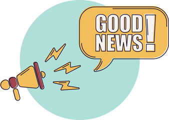 Speech bubble with megaphone, message, text good news. Megaphone announcement with trendy color shapes. Good news.