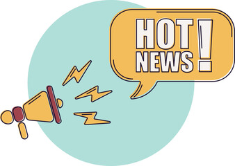 Speech bubble with megaphone, message, text hot news. Megaphone announcement with trendy color shapes. Hot news.