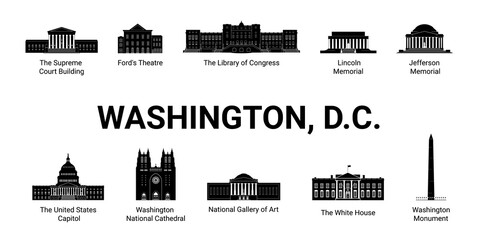 Washington D.C. silhouette in black-and-white color. Washington attractions. Washington famous buildings. Vector illustration