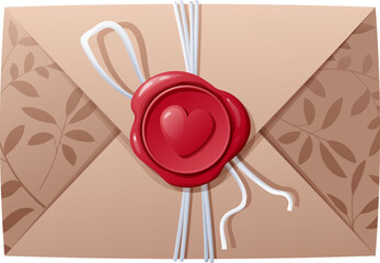 Love letter in an envelope with a wax seal. Confession, I love you. Gift, valentine s day. Vector illustration, icon