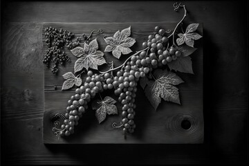  a black and white photo of grapes on a cutting board with leaves on the side of the board and a bottle of wine on the side.  generative ai