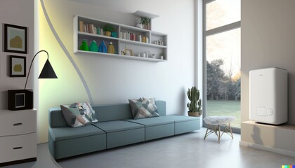 The picture shows a room with a heating boiler as the central focus and a neutral colored background.