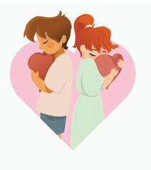 Postcard with a couple of children on a pastel background in the form of a heart. Vector illustration for Valentine's Day.    