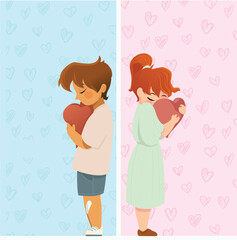 Postcard with a couple of children on a pastel background. Vector illustration for Valentine's Day.    