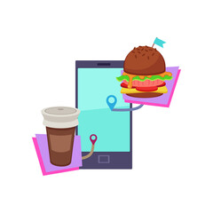 Hamburger and coffee cup on phone map vector illustration. Express food delivery element isolated on white background. Food delivery concept