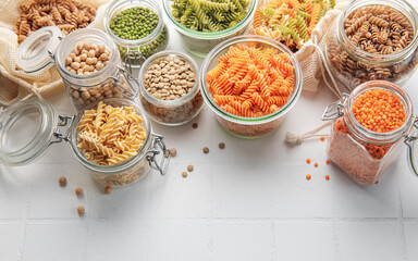 A variety of fusilli pasta from different types of legumes. Gluten-free pasta.