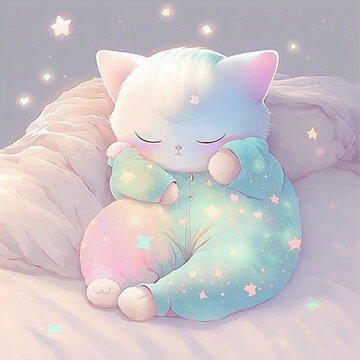 Cute Sleepy Kawaii Cat Illustration