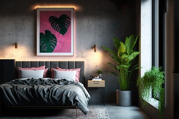 Modern interior background, cool room with concrete wall and images of monsteras, model of home.