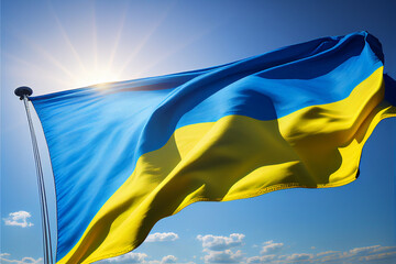 Ukrainian flag against the blue sky created with generative Ai technology