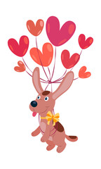 Puppy as a gift. A cute dog flies on balloons. Vector illustration