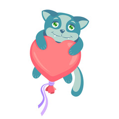 Blue cat flying on a balloon in the shape of a heart. Vector illustration for Valentine's Day. The cat hugs the heart