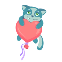 Fotobehang Blue cat flying on a balloon in the shape of a heart. Vector illustration for Valentine's Day. The cat hugs the heart © Mariia