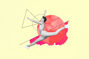 3d retro abstract creative artwork template collage of sporty cheerful lady enjoying sports isolated painting background