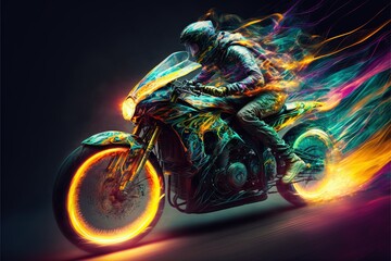 biker riding on high speed blurred motion creative light trails Generative AI